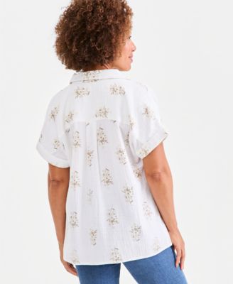 Women's Printed Cotton Gauze Collared Popover Top