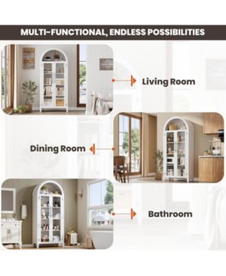 Arched Kitchen Pantry Storage Cabinet - Farmhouse 5 Tier Display Shelf with Adjustable Shelf and 2 Large Glass Doors