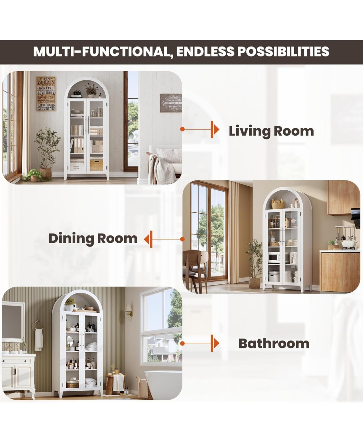 gaomon Arched Kitchen Pantry Storage Cabinet - Farmhouse 5 Tier Display Shelf with Adjustable Shelf and 2 Large Glass Doors