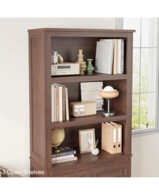 Farmhouse Bookcase with Doors, 5 tier vintage bookshelf with cabinet and adjustable shelf for rustic living room storage