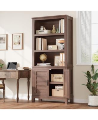 Farmhouse Bookcase with Doors, 5 tier vintage bookshelf with cabinet and adjustable shelf for rustic living room storage