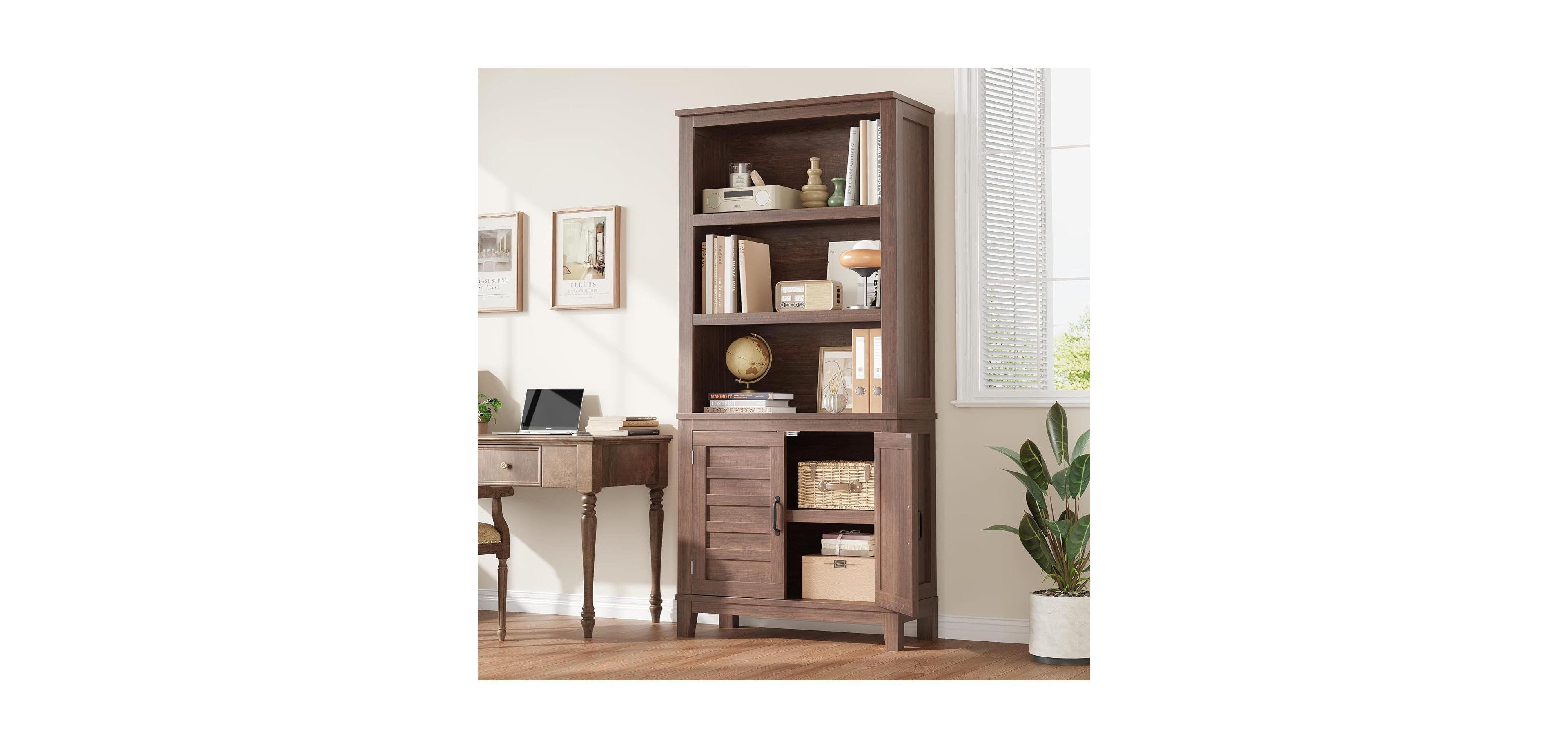 Gaomon Farmhouse Bookcase with Doors, 5 tier vintage bookshelf with cabinet and adjustable shelf for rustic living room storage