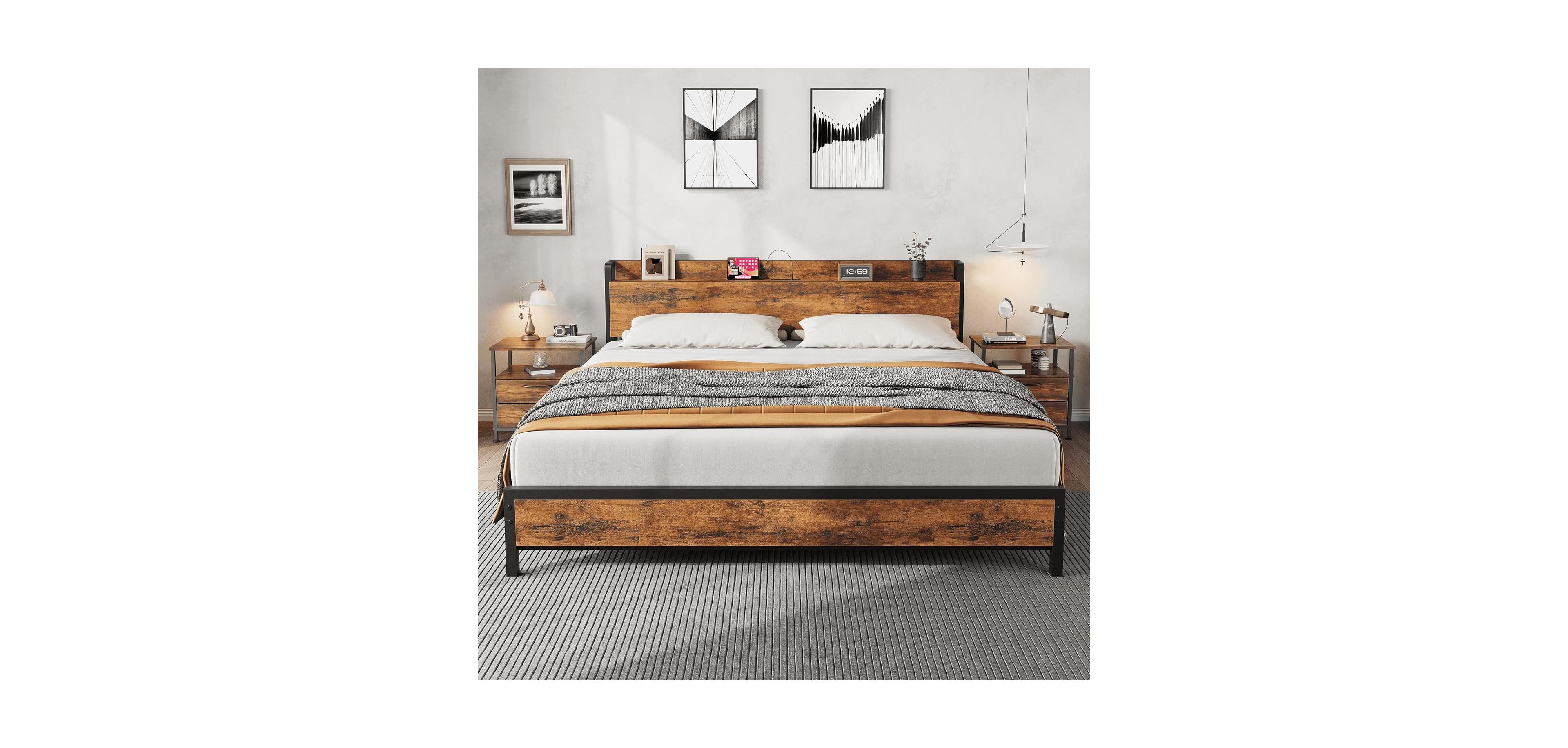gaomon Bed Frame Charging Station with 2 Usb Ports & 2 Ac Outlets, Heavy Duty Metal Bed Frame with Wooden Headboard and Footboard