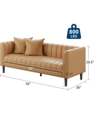 Modern 78" Faux Leather Sofa, Deep Seats, 3-Seater with Pillows & Wood Legs