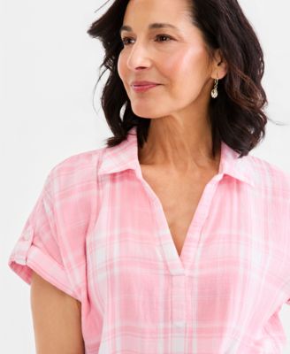 Women's Cotton Gauze Plaid Collared Popover Top