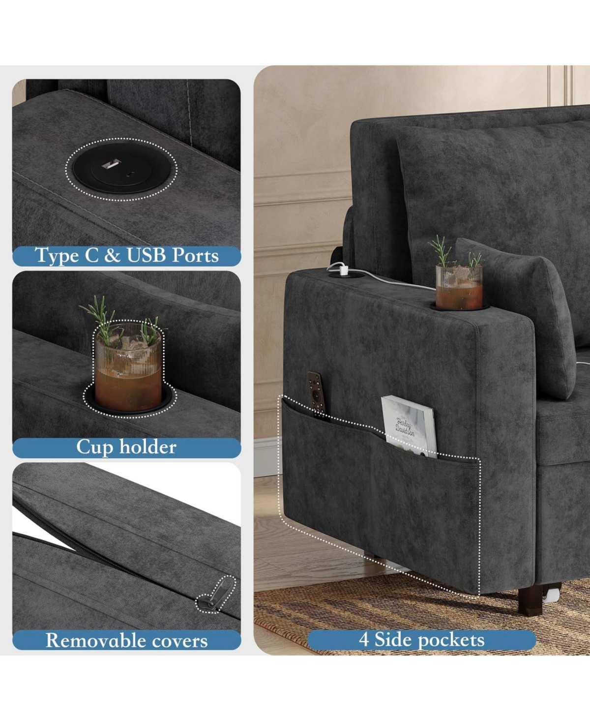 gaomon 3 in 1 Pull Out Couch, 56 Inch Convertible Sleeper Sofa Bed, Loveseat Sofa Couch with Cup Holders, Modern Loveseat for Living Room