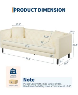 81" Leather Couch, Handmade Button Tufted 3 Seater Sofa, Chesterfield Sofa with Deep Seat and 2 Pillows, Leather Sofa for Living Room Apartment