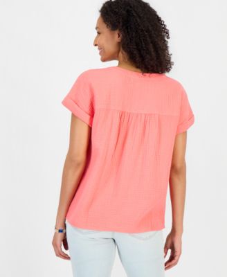 Women's Cotton Gauze V-Neck Short-Sleeve Top