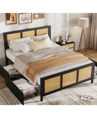  Rattan Bed Frame with Headboard, Boho Cane Platform Full Size Bed Frame with 4 Drawers, Strong Metal Slats Support, Noise Free