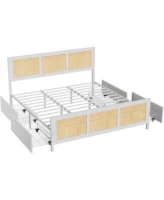 Bed Frame with Headboard, Boho Cane Platform King Size Bed Frame with 4 Drawers, Strong Metal Slats Support, No Box Spring Needed