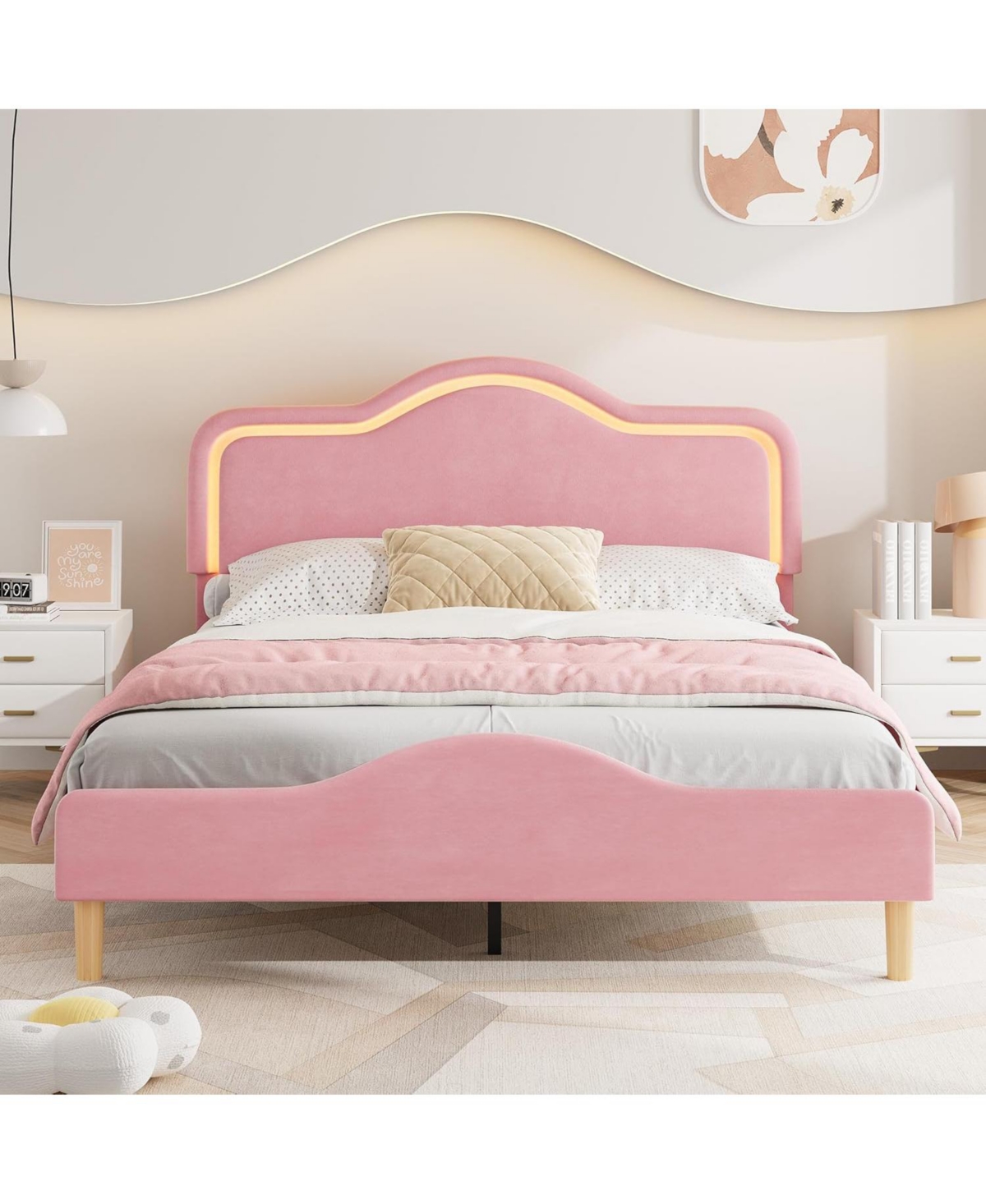 gaomon Full Size Upholstered Led Bed Frame with Adjustable Headboard and Footboard, Velvet Princess Platform Bedframe for Kids/Girls, Easy Assembly