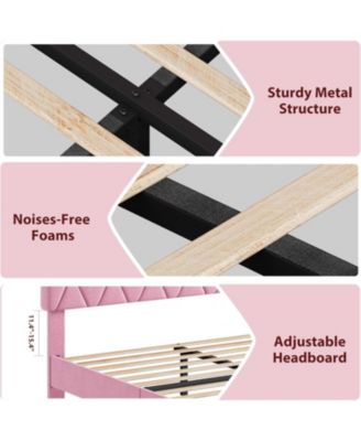 Full Upholstered Platform Bed Frame with Pink Headboard, Wood Slats, Heavy Duty, Noise Free Design
