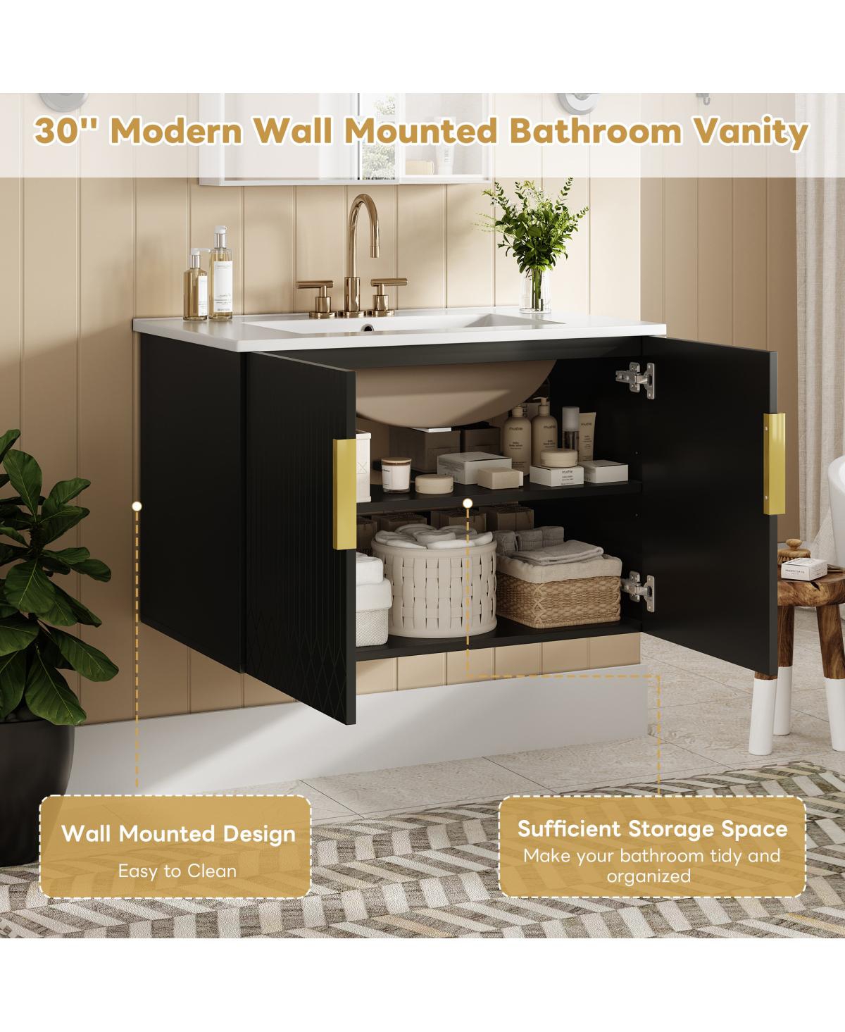 Sillysis 30" Wall Mounted Bathroom Vanity with Sink, Modern Striped Cabinet Adjustable Storage & Ceramic Basin for Small Bathrooms