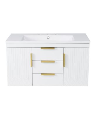 36" Wall Mounted Bathroom Vanity with Resin Sink, Modern MDF Cabinet, Double Drawers & Storage for Small Bathrooms