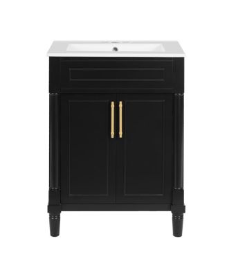 24" Bathroom Vanity with Curved Ceramic Sink, Adjustable Shelf 2-Door Storage for Small Modern Bathrooms