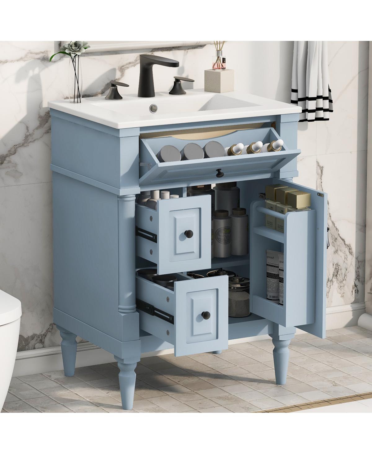 Sillysis 24" Bathroom Vanity with Sink, Solid Wood Cabinet Flip Drawer and Adjustable Shelf, Freestanding Modern Storage for Small Spaces