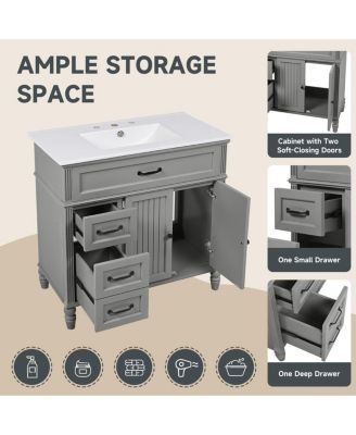 36"Vintage Bathroom Vanity with Ceramic Sink, Soft Close Drawers for Small Bathrooms