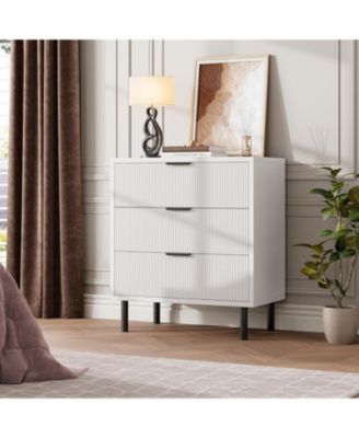 Fluted 3 Drawer Dresser with Metal Legs, Wooden Nightstand Storage for Bedroom, Entryway