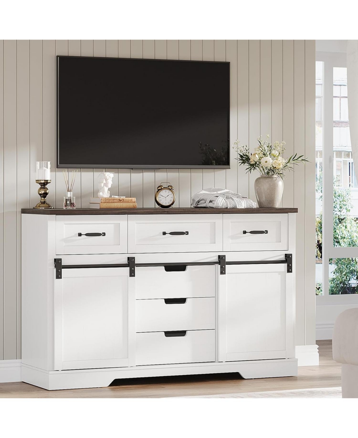 gaomon Farmhouse 6 Drawer Dresser with Sliding Barn Doors, Wooden Tv Stand for Living Room