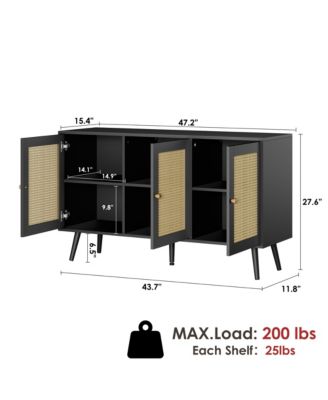 Rattan Storage Cabinet with 3 Doors, Boho Sideboard Buffet Cabinet Wood Farmhouse Credenza Cabinet
