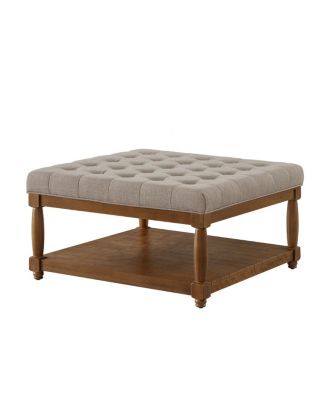 Large Tufted Linen Ottoman Coffee Table with Solid Wood Shelf