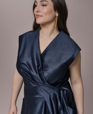 Plus Size Shantung Fit And Flare V-Neck Wrap Dress