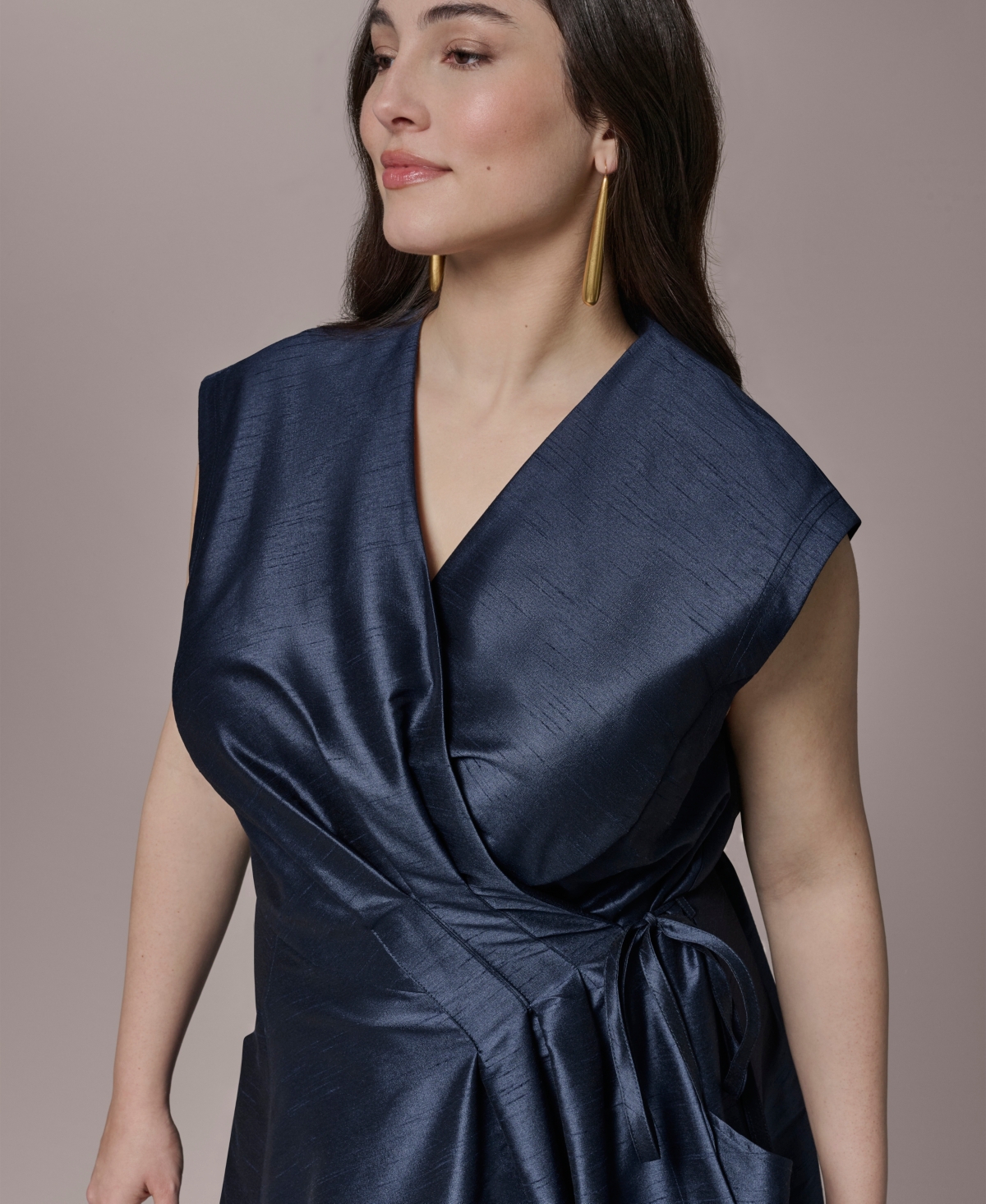 Donna Karan New York Plus Shantung Fit And Flare V-Neck Wrap Dress