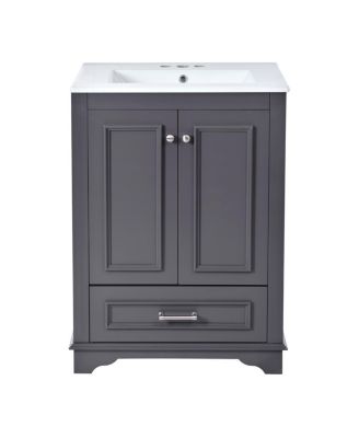 24" Bathroom Vanity with Ceramic Sink, Modern Freestanding Cabinet with Drawer & Soft Closing Doors, Solid Wood MDF Storage