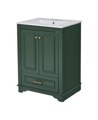 24" Bathroom Vanity with Ceramic Sink, Modern Freestanding Cabinet with Drawer & Soft Closing Doors, Solid Wood MDF Storage