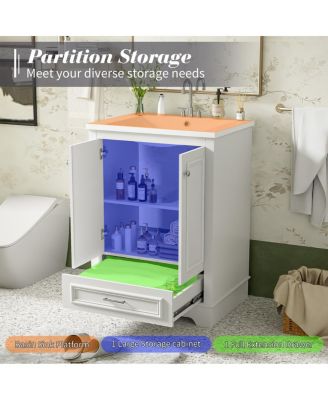 24" Bathroom Vanity with Ceramic Sink, Modern Freestanding Cabinet with Drawer & Soft Closing Doors, Solid Wood MDF Storage