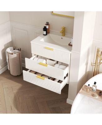 24"Wall Mounted Bathroom Vanity with Ceramic Sink & Double Drawers, Stripe Design for Small Bathrooms