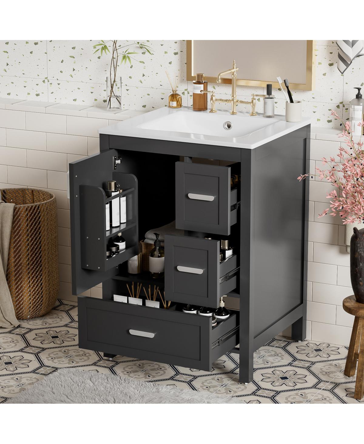 Sillysis 24" Modern Bathroom Vanity with Ceramic Sink, Soft Close Cabinet & Ample Storage for Small Spaces