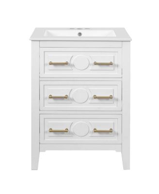 24 Inch Bathroom Vanity with Ceramic Sink, Retro Solid Wood Cabinet, 3 Soft Close Drawers for Small Bathrooms