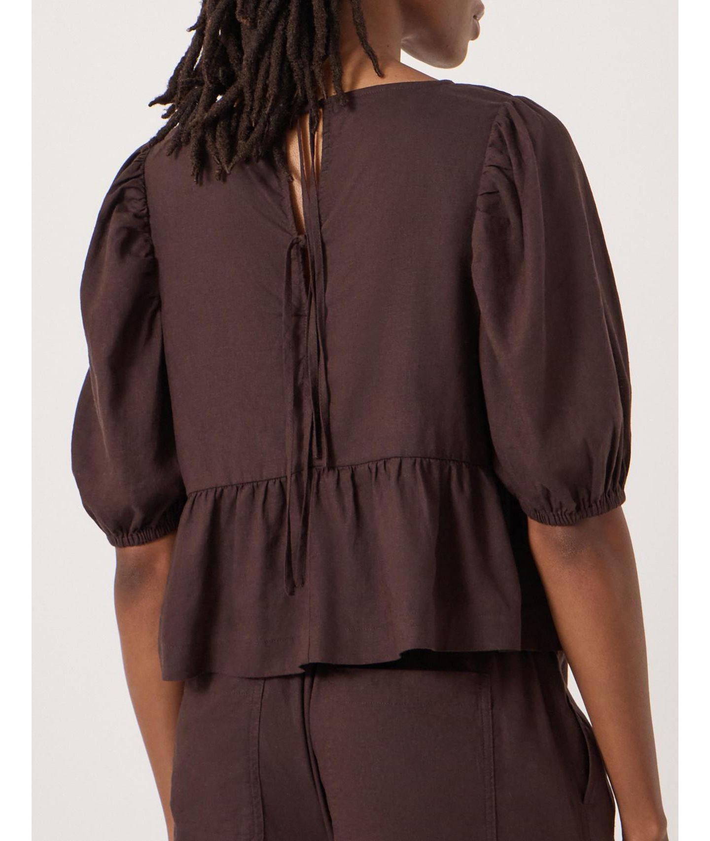 Женский топ Hush Alva Puff Sleeve Linen Beach, цвет: Тёмный коричневый — фото 7