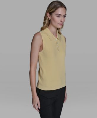 Women's Collared Sleeveless Sweater with Embellished Buttons