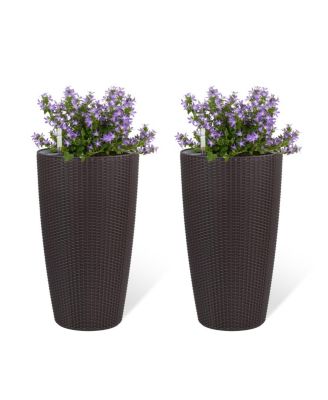Set of 2 Faux Rattan Tall Planters w/Water Level Monitor
