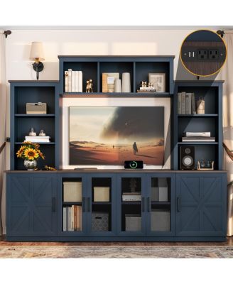 Wall Unit Entertainment Center with Charging Station & USB, Blue