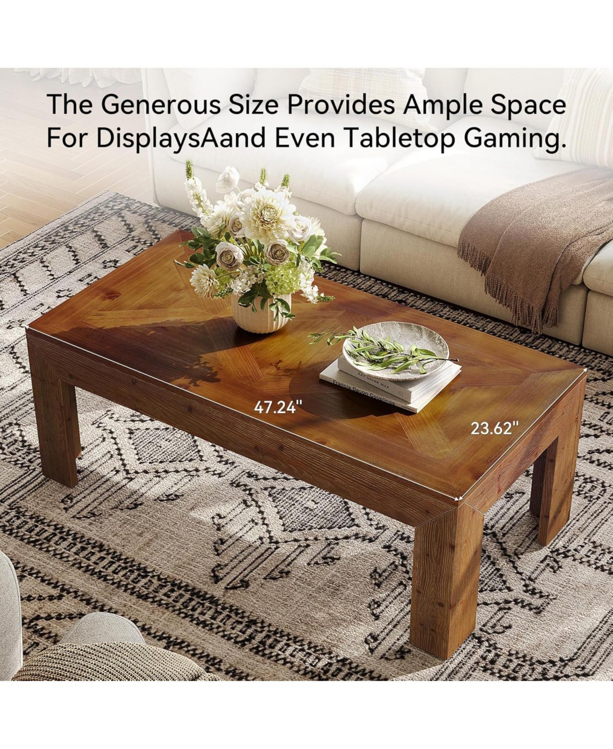 Tribesigns Rectangular Coffee Table, 47-Inch Solid Wood Living Room Coffee Table, Mid Century Modern Center Cocktail Table