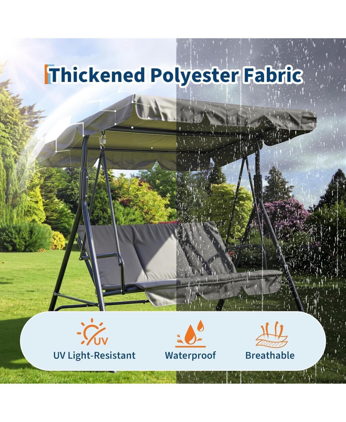 gaomon 3-Person Outdoor Patio Swing Chair with Adjustable Canopy and Armrests, Breathable Fabric Seat and Backrest, Porch Swing for Backyard or Garden