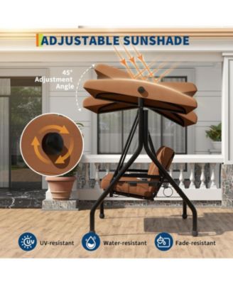 3 Seat Outdoor Porch Swing, 2-in-1 Patio Swing Chair with Thickened Removable Cushions, Adjustable Canopy   Cup Holders