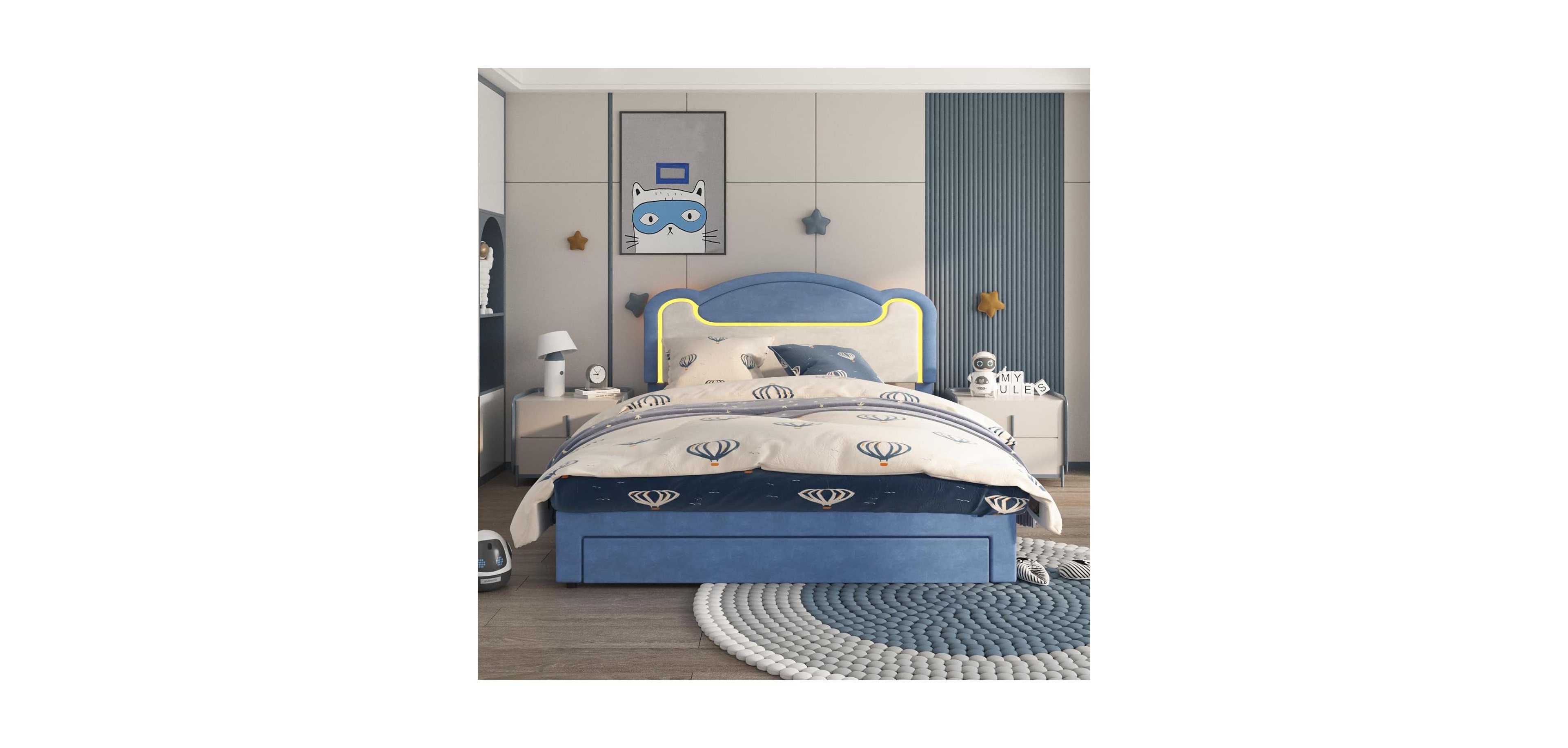 Gaomon Senfot Twin Bed Frame with Led Lights, Upholstered Fabric Headboard, Sturdy Wood Slat Support, No Box Spring Needed