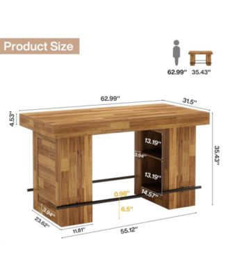 63-Inch Bar Table with Storage Shelves, Counter Height Pub Table with Metal Footrest, Rectangular High Top Home Bar Units