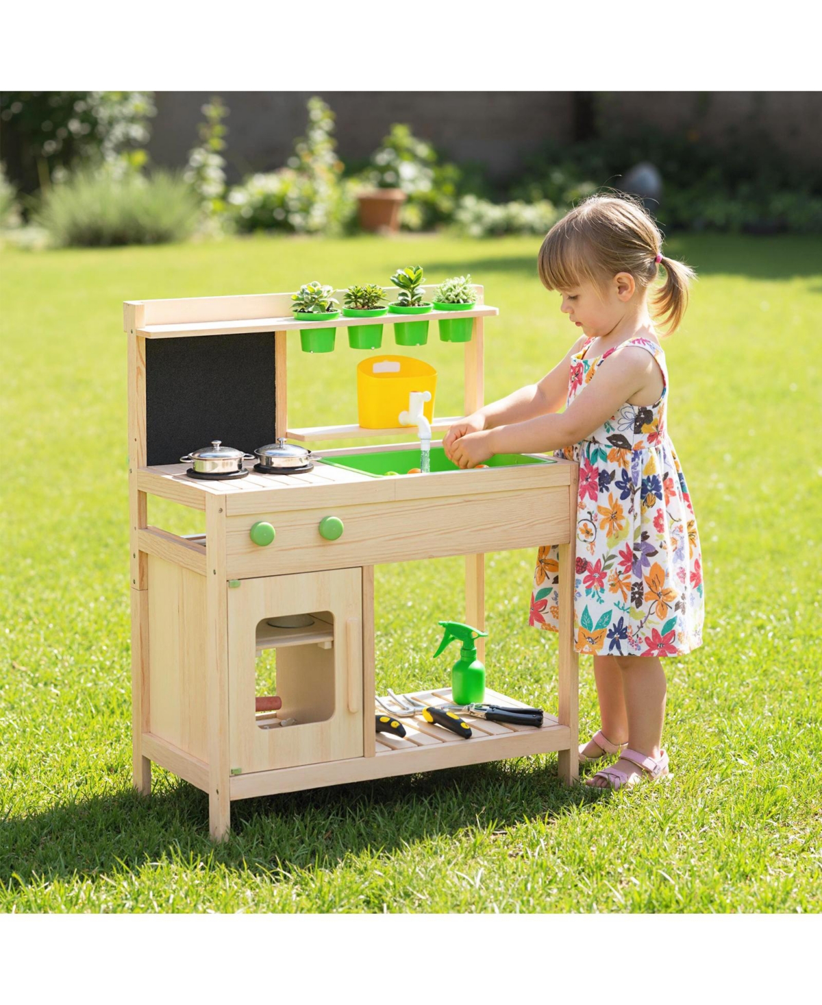 Slickblue Kids Mud Kitchen Playset with Chalkboard for Ages 3