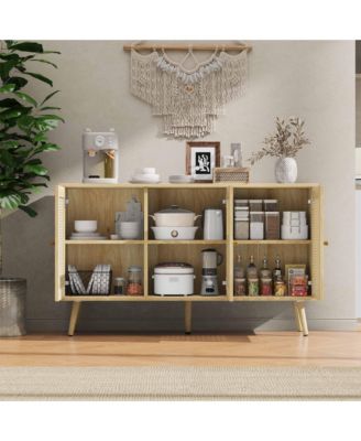Rattan Storage Cabinet with 3 Doors, Boho Sideboard Buffet Cabinet Wood Farmhouse Credenza Cabinet
