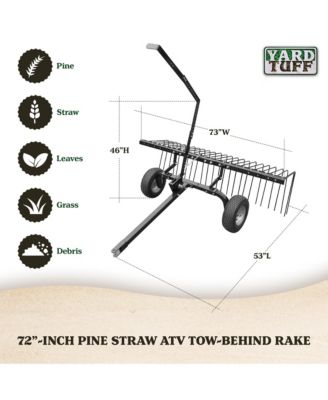 72" Pine Straw ATV Tow Behind Steel Landscape Rake w/Wheels and Handle