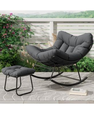 Outdoor Papasan Rocking Chair with Footrest, Oversized Lounge Chair with Ottoman and Sturdy Metal Frame