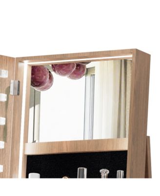 360°Swivel Jewelry Cabinet, Standing Jewelry Armoire Organizer, Lockable Storage Cabinet with Full Length Mirror, Display Shelves - Walnut