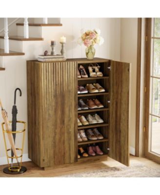 7-Tier Shoe Cabinet with Adjustable Shelves & Fluted Doors,24 Pairs Freestanding Shoe Rack,Farmhouse Wooden Shoe Storage Organizer, Brown