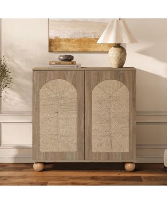2-Door Natural Oak Finish Manufactured Wood Cabinet, Pine Round Ball Legs
