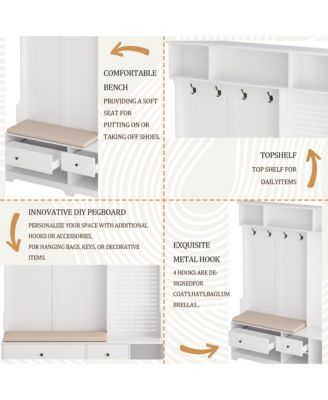 Hall Tree - Wooden Coat Rack with Hooks, 2 Drawers, Open Shelves, DIY Pegboard and Removable Linen Cushioned Entryway Bench